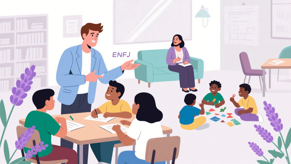 Illustration depicting ENFJs working in career counseling, education, and social services