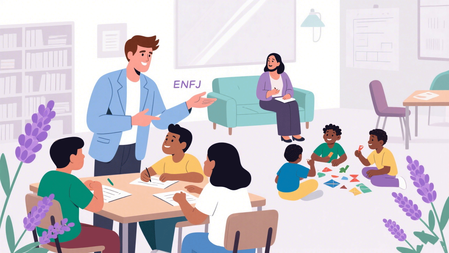 Illustration depicting ENFJs working in career counseling, education, and social services