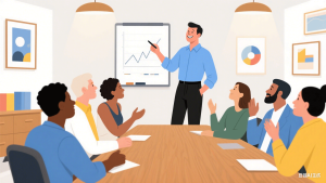 Illustration depicting an ENFJ facilitating team discussion, showcasing their leadership charisma