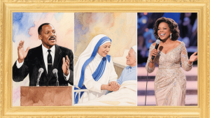 Collage portraits of Martin Luther King Jr., Mother Teresa, Oprah Winfrey